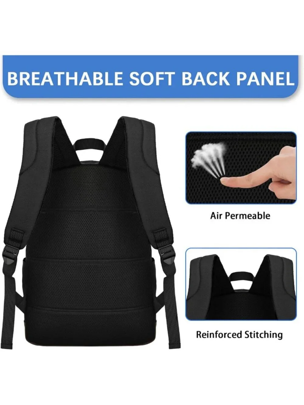 Water Resistant Travel Laptop Backpack, USB Charging, Large Capacity, All Black